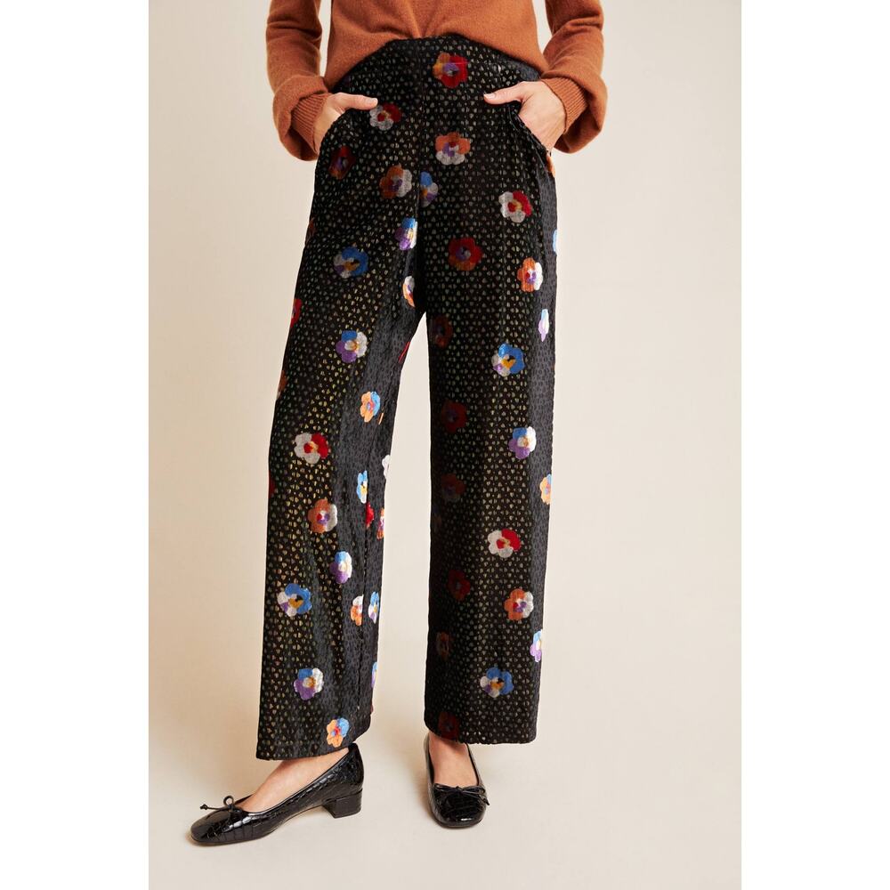 Anthropologie Black Multicolor Floral Iridescent Velvet Wide Leg Pants Size 4
